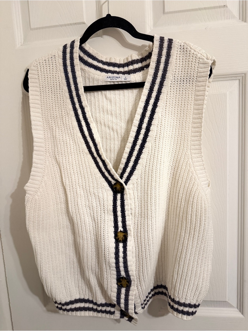 Arizona Jean Company Cream Knit V-Neck Sweater Vest with Navy Trim